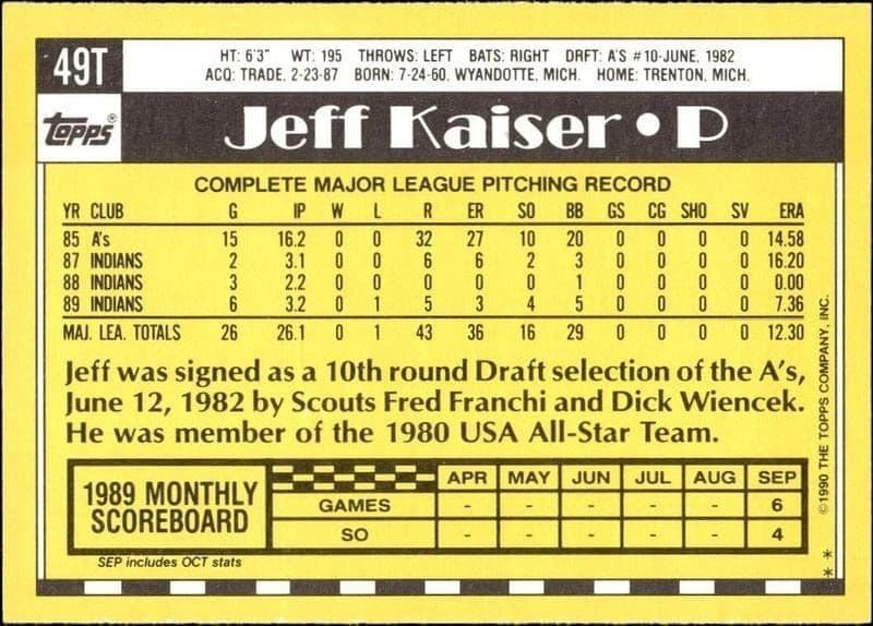1990 Topps Traded Jeff Kaiser #49T baseball trading card back