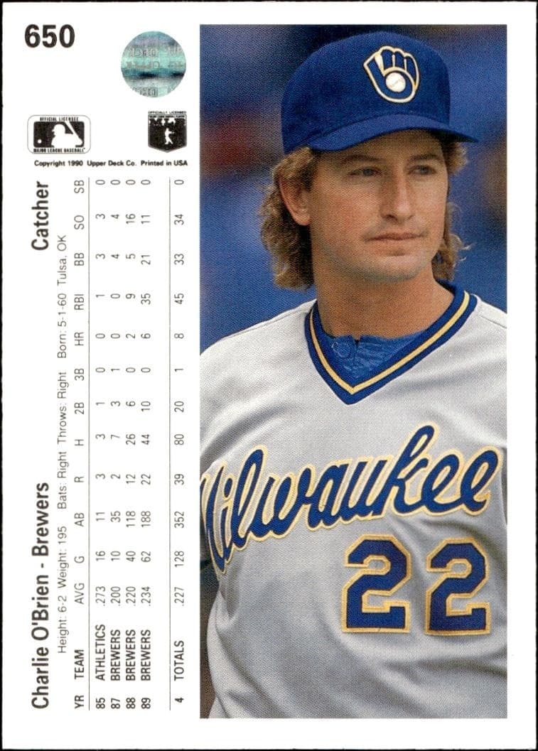 1990 Upper Deck Charlie O'Brien #650 baseball trading card back