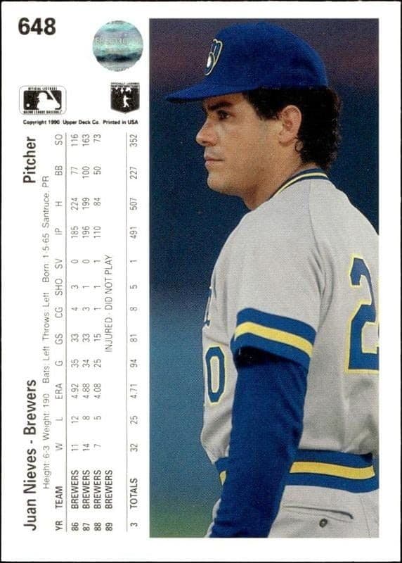 1990 Upper Deck Juan Nieves #648 baseball trading card back