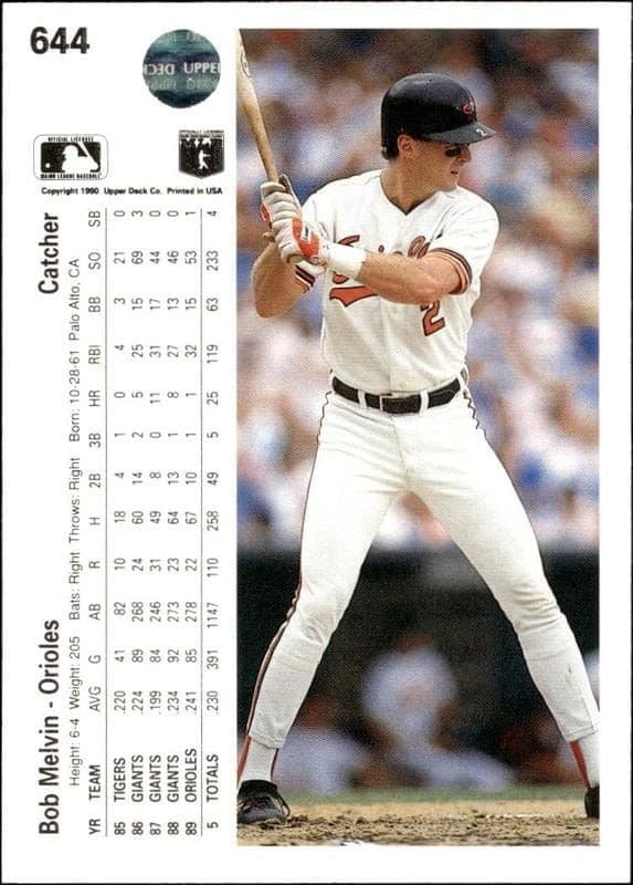 1990 Upper Deck Bob Melvin #644 baseball trading card back