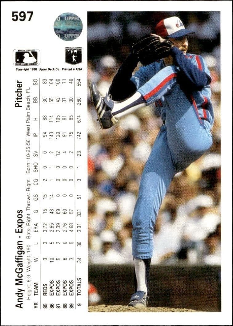 1990 Upper Deck Andy McGaffigan #597 baseball trading card back