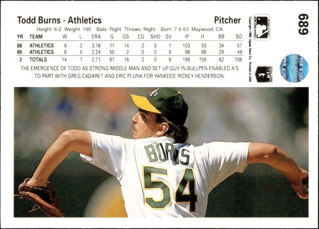 1990 Upper Deck Todd Burns #689 baseball trading card back