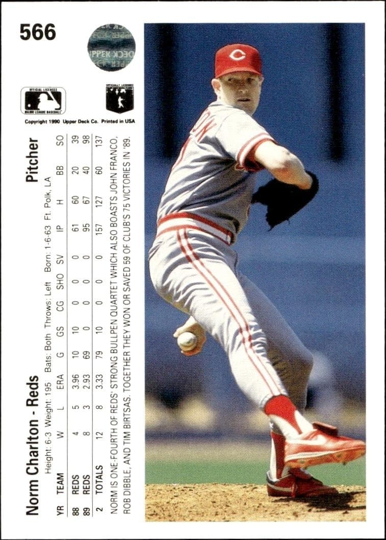 1990 Upper Deck Norm Charlton #566 baseball trading card back