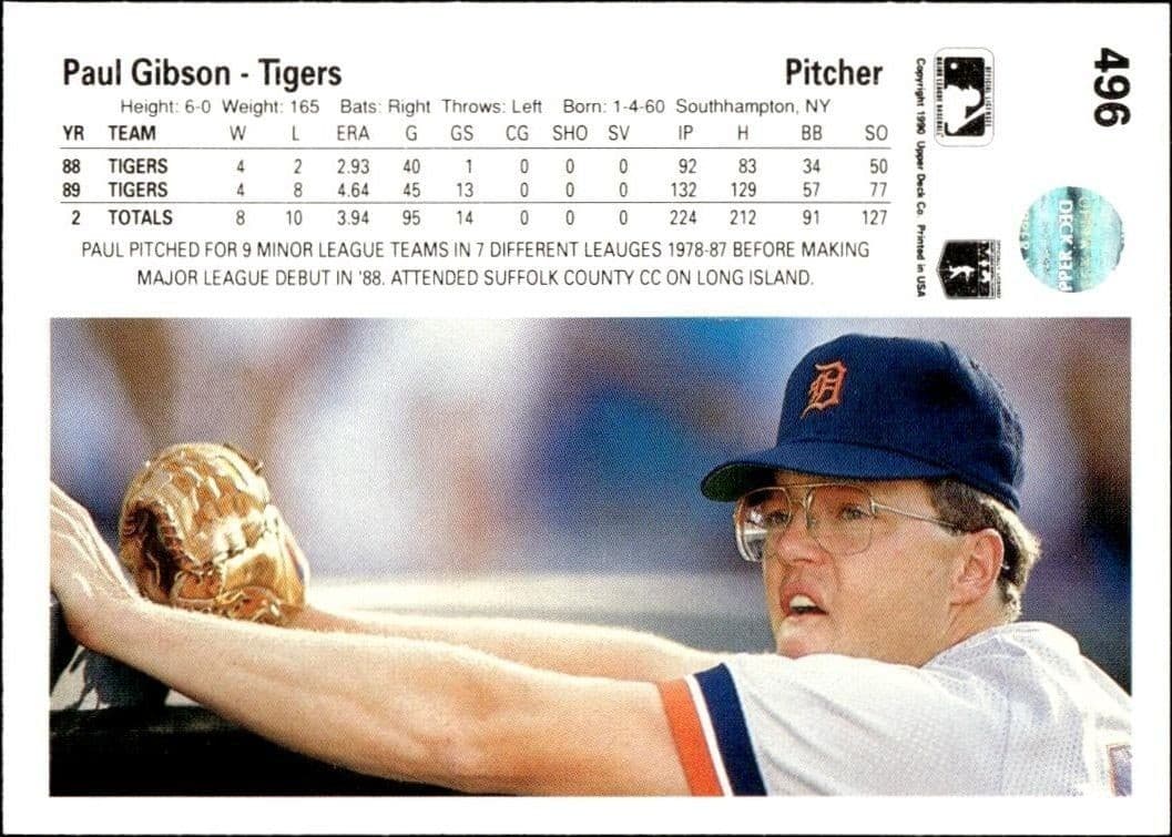 1990 Upper Deck Paul Gibson #496 baseball trading card back