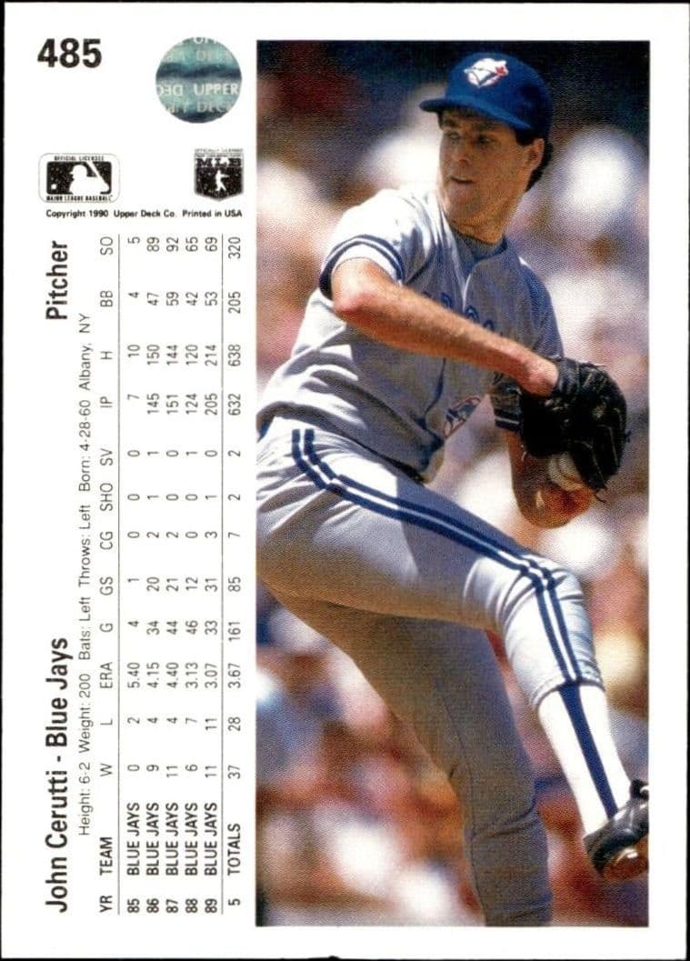 1990 Upper Deck John Cerutti #485 baseball trading card back