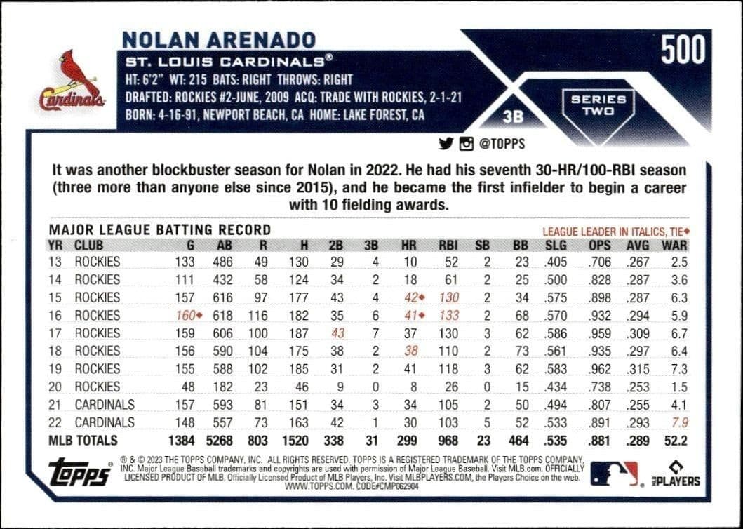 2023 Topps Series 2 Nolan Arenado #500 baseball trading card back