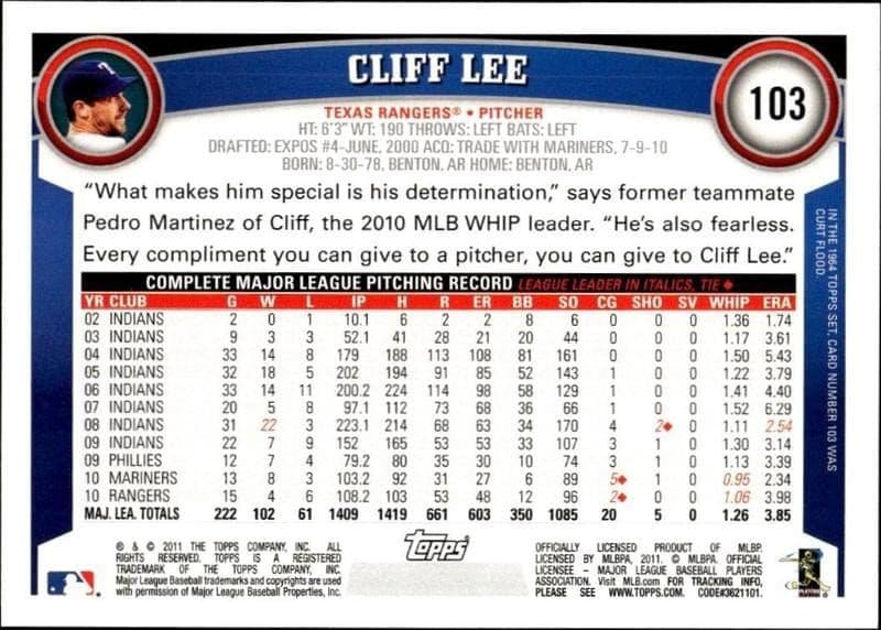 2011 Topps Cliff Lee #103 baseball trading card back