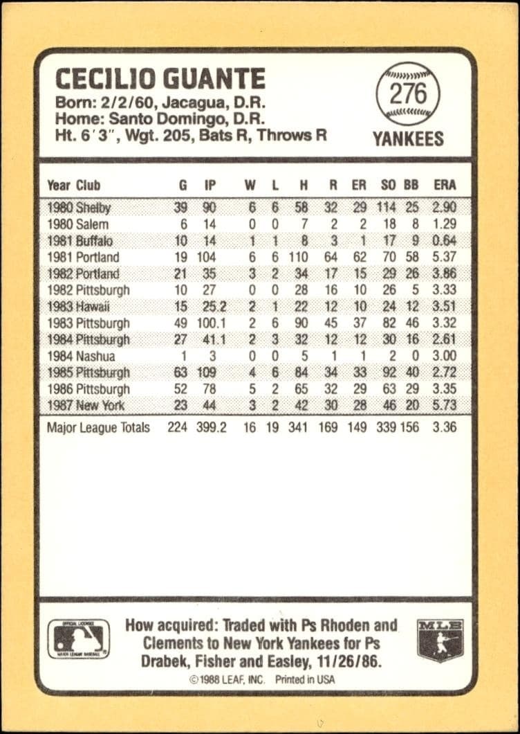 1988 Donruss Baseball's Best Cecilio Guante #276 baseball trading card back