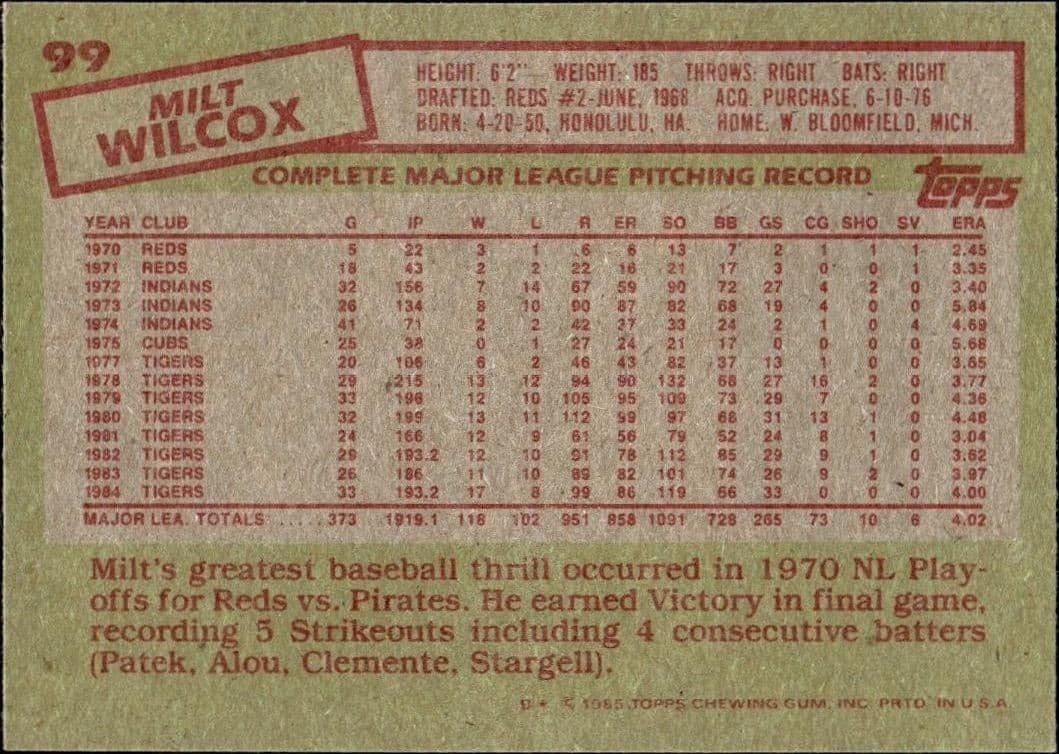 1985 Topps Milt Wilcox #99 baseball trading card back