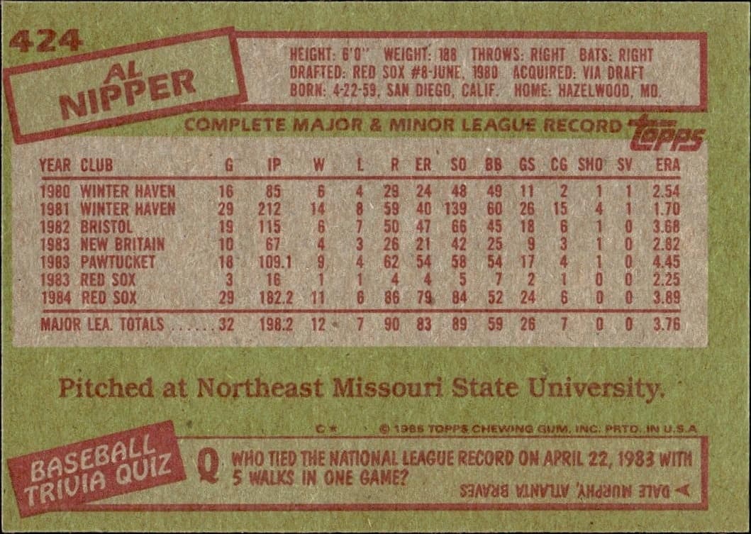 1985 Topps Al Nipper #424 baseball trading card back