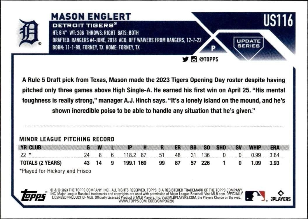 2023 Topps Update Mason Englert #US116 baseball trading card back