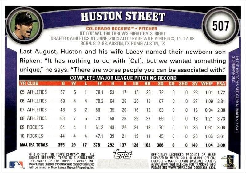 2011 Topps Series 2 Huston Street #507 baseball trading card back
