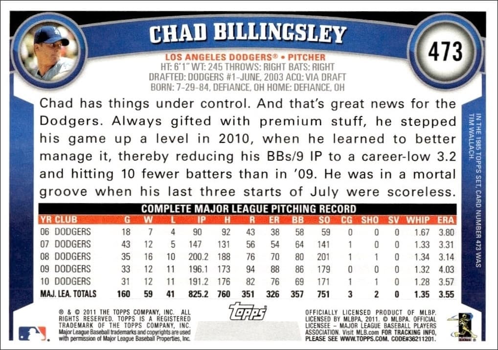 2011 Topps Series 2 Chad Billingsley #473 baseball trading card back