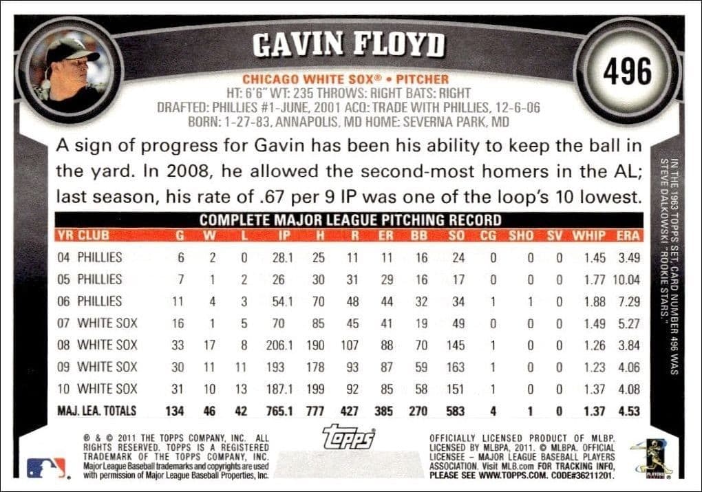 2011 Topps Series 2 Gavin Floyd #496 baseball trading card back