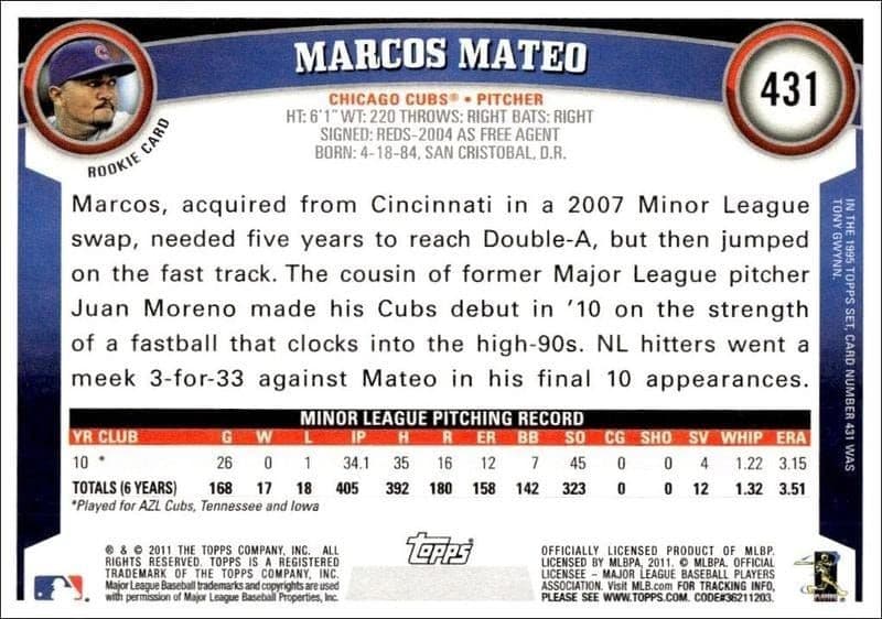 2011 Topps Series 2 Marcos Mateo #431 baseball trading card back