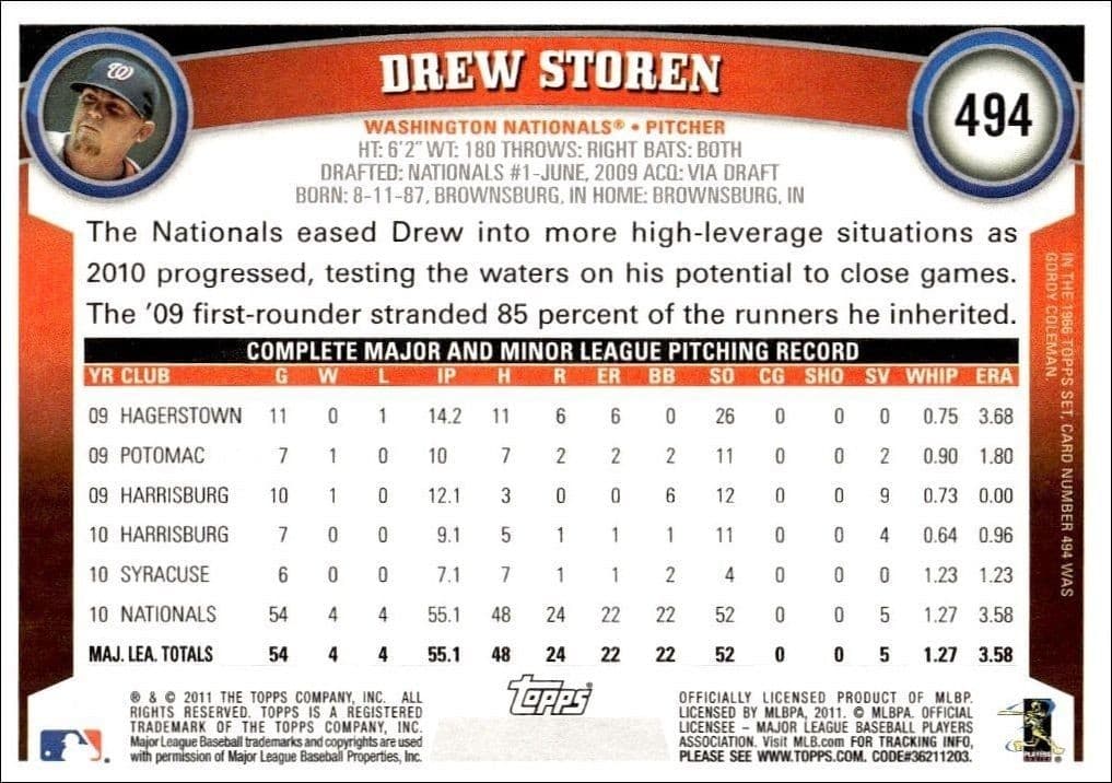 2011 Topps Series 2 Drew Storen #494 baseball trading card back