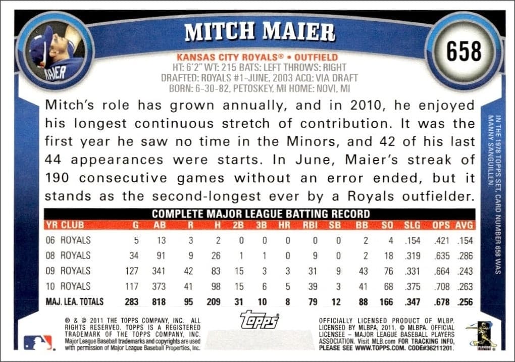 2011 Topps Series 2 Mitch Maier #658 baseball trading card back