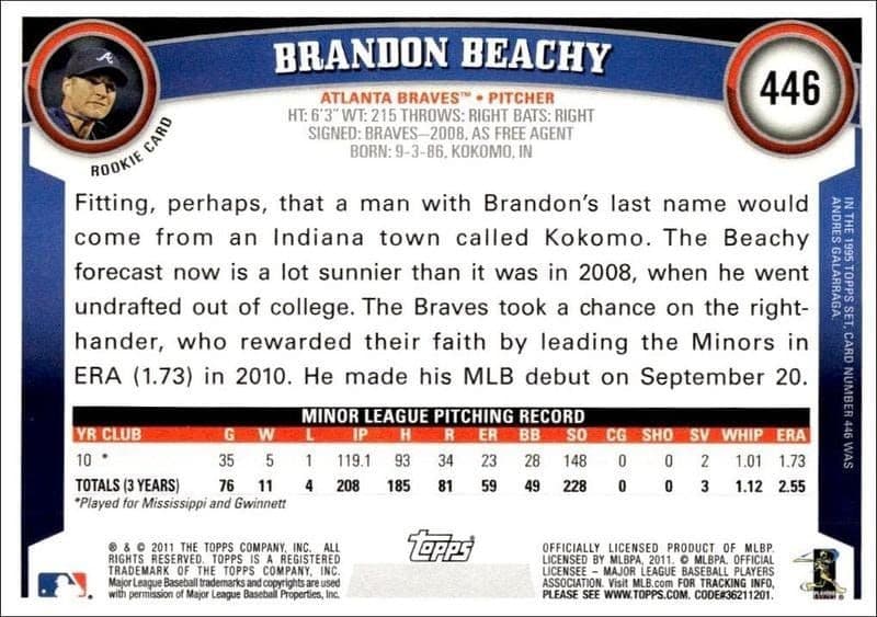 2011 Topps Series 2 Brandon Beachy #446 baseball trading card back