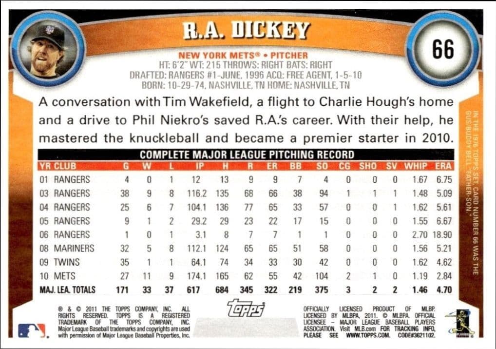 2011 Topps R.A. Dickey #66 baseball trading card back