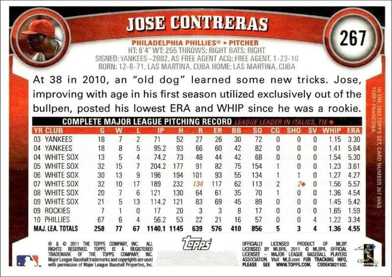 2011 Topps Jose Contreras #267 baseball trading card back
