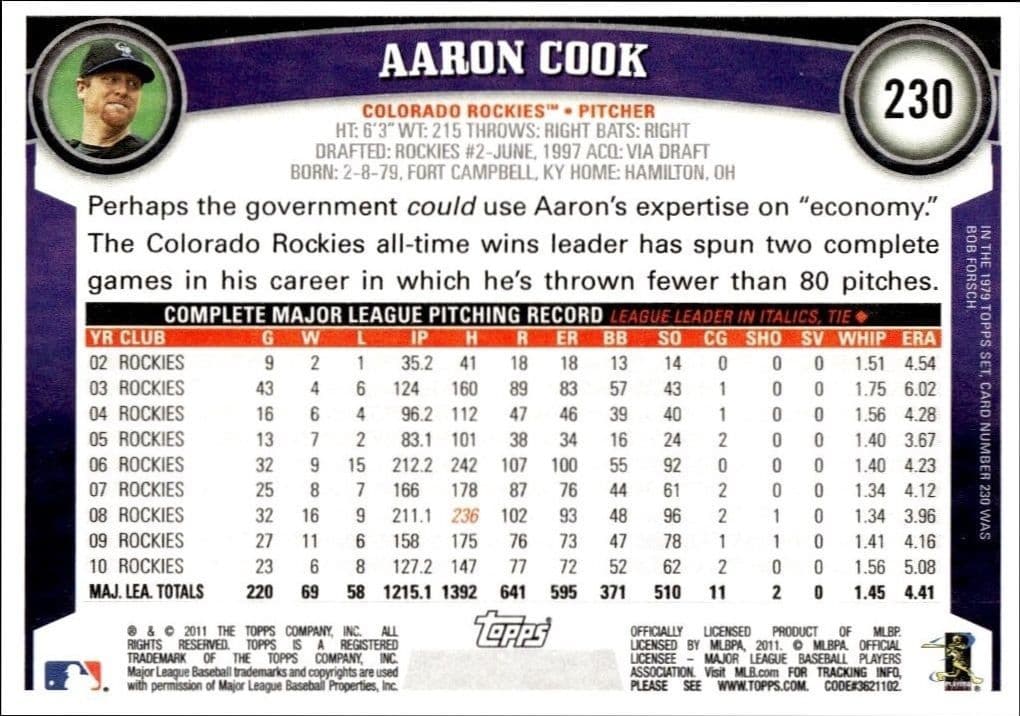 2011 Topps Aaron Cook #230 baseball trading card back