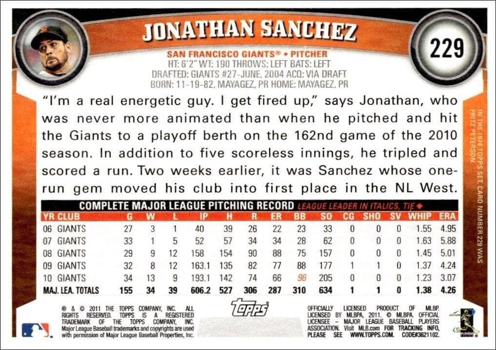 2011 Topps Jonathan Sanchez #229 baseball trading card back