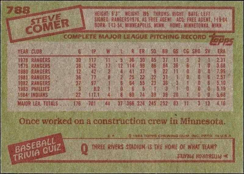 1985 Topps Steve Comer #788 baseball trading card back