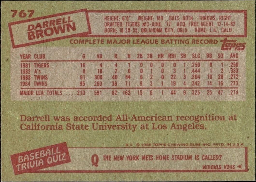 1985 Topps Darrell Brown #767 baseball trading card back