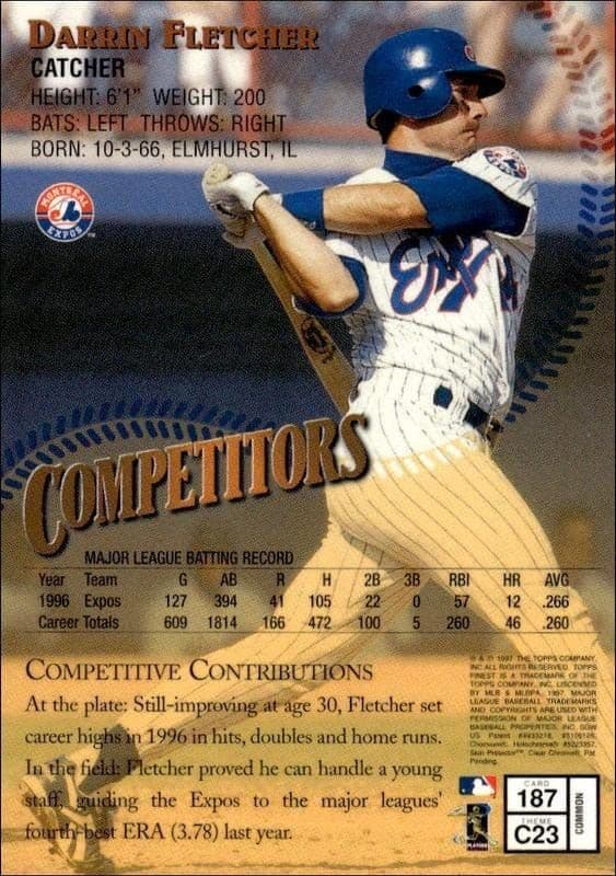 1997 Topps Finest Darrin Fletcher #187 baseball trading card back