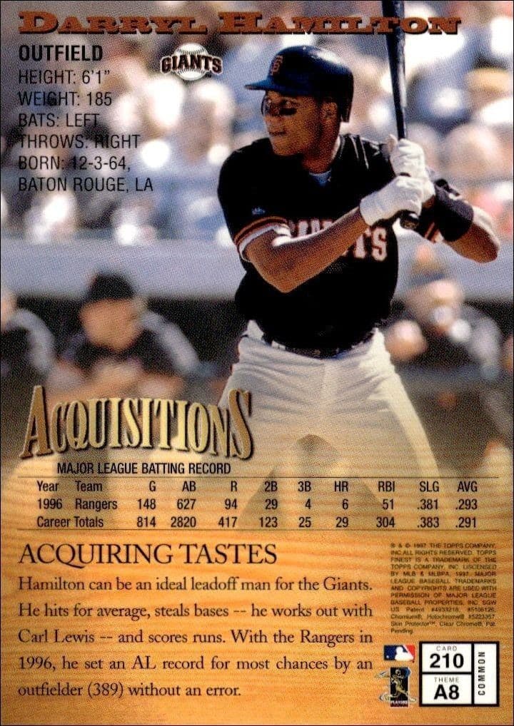 1997 Topps Finest Darryl Hamilton #210 baseball trading card back
