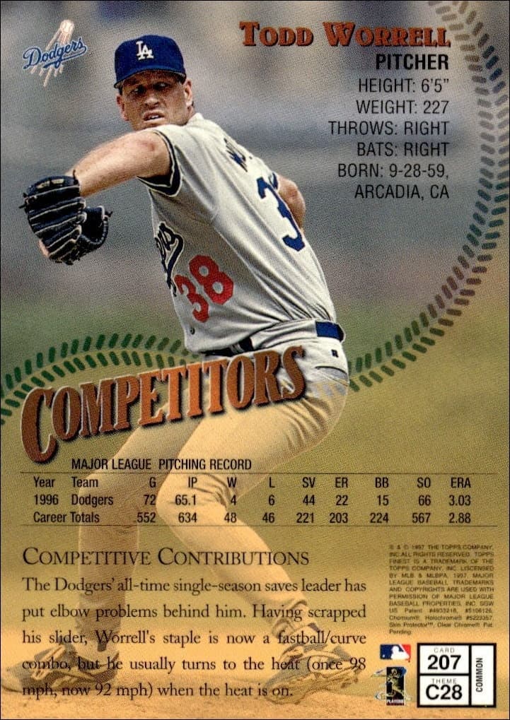 1997 Topps Finest Todd Worrell #207 baseball trading card back