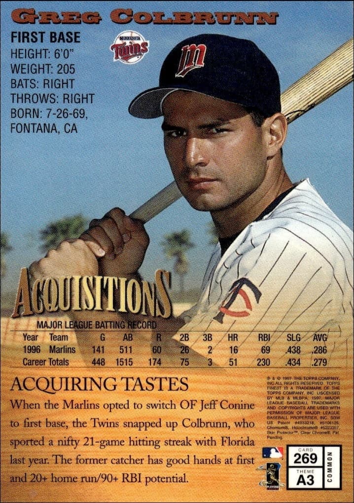 1997 Topps Finest Greg Colbrunn #269 baseball trading card back