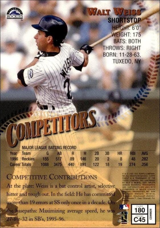 1997 Topps Finest Walt Weiss #180 baseball trading card back