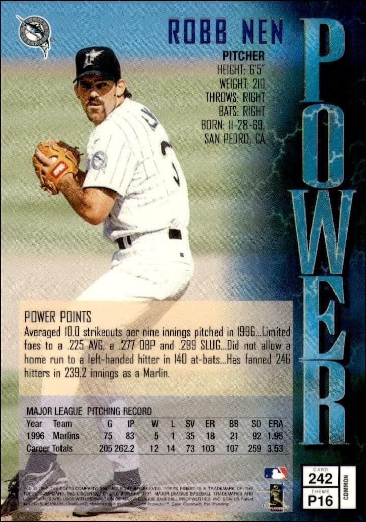 1997 Topps Finest Robb Nen #242 baseball trading card back