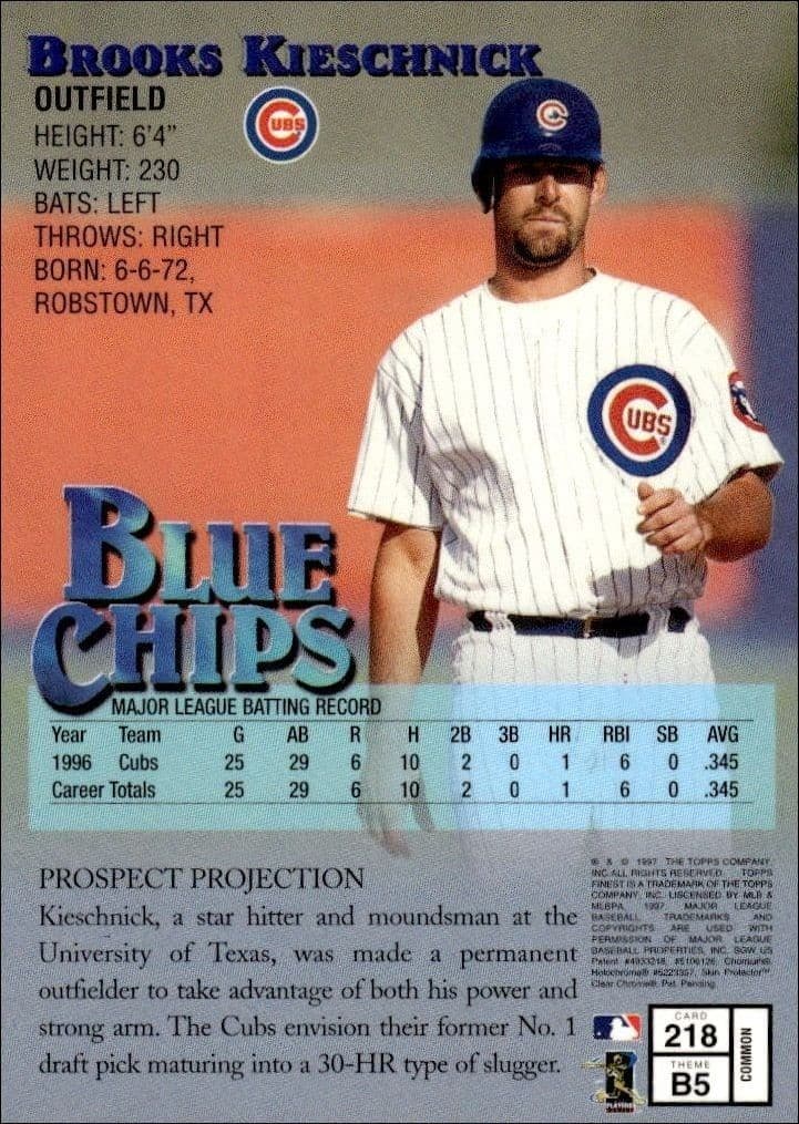 1997 Topps Finest Brooks Kieschnick #218 baseball trading card back