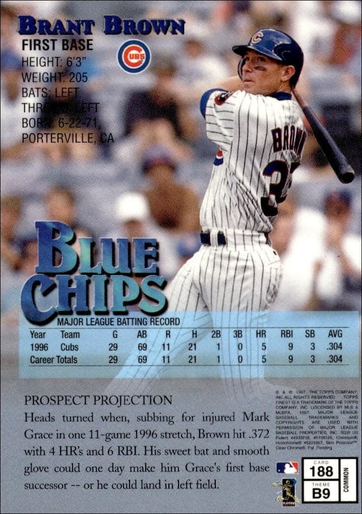 1997 Topps Finest Brant Brown #188 baseball trading card back