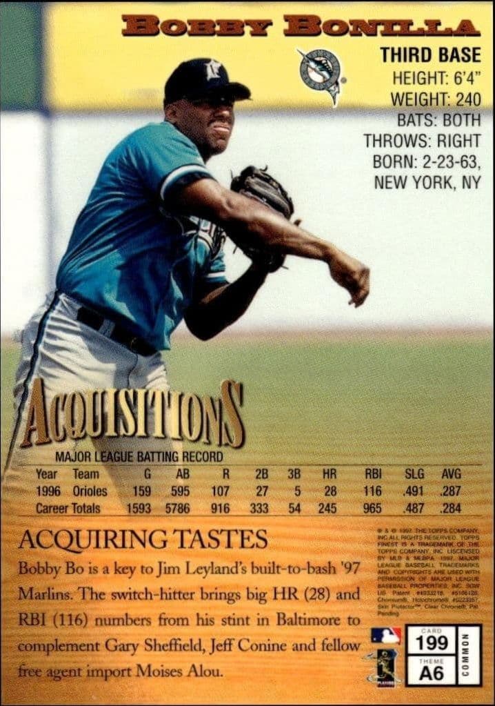 1997 Topps Finest Bobby Bonilla #199 baseball trading card back