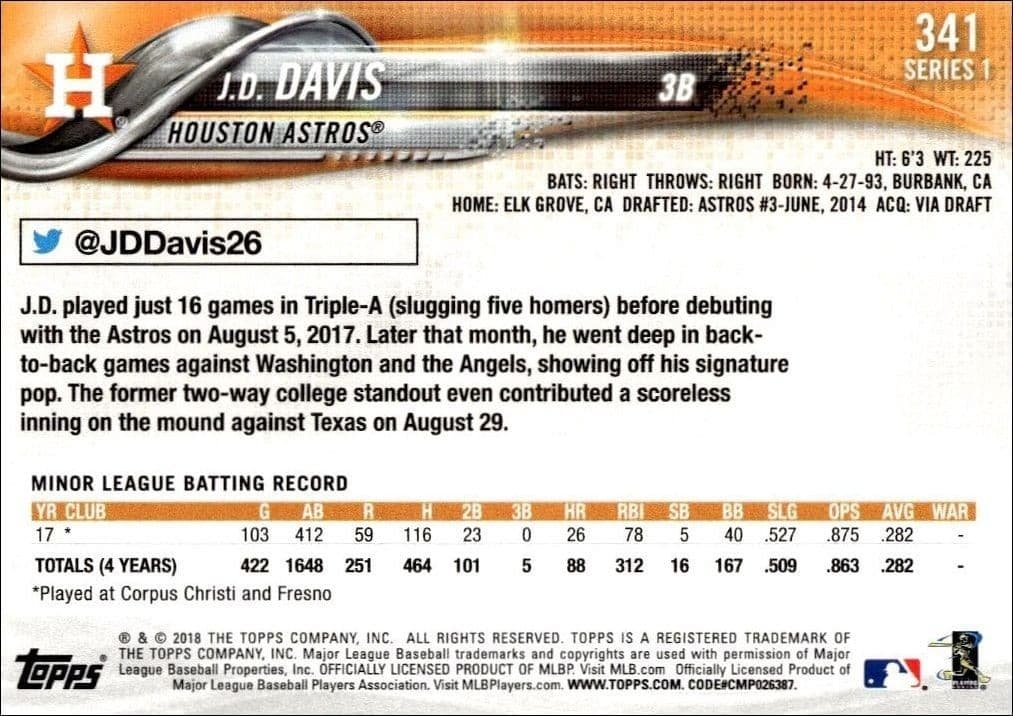 2018 Topps J.D. Davis #341 baseball trading card back