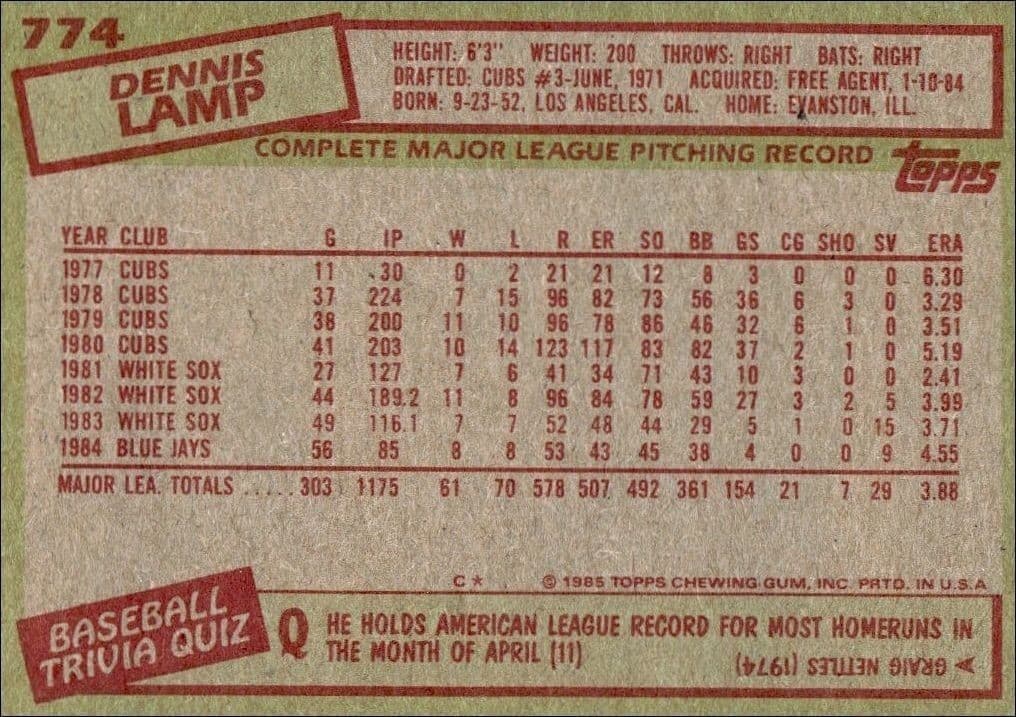 1985 Topps Dennis Lamp #774 baseball trading card back