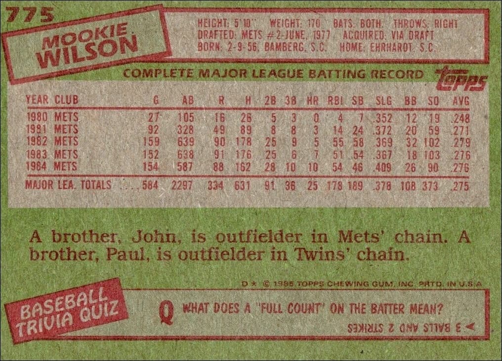 1985 Topps Mookie Wilson #775 baseball trading card back