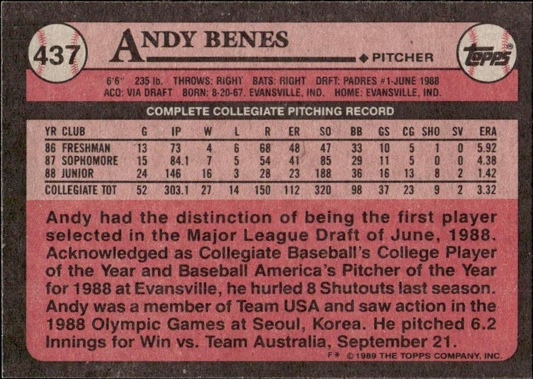 1989 Topps Andy Benes #437 baseball trading card back