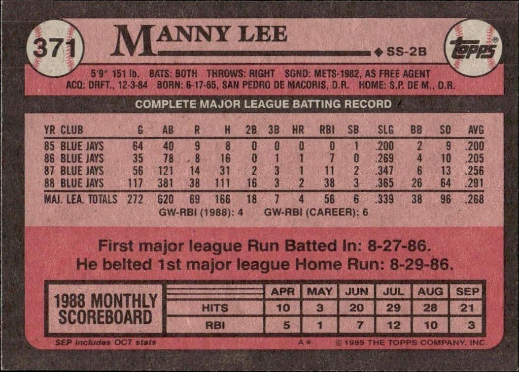 1989 Topps Manny Lee #371 baseball trading card back