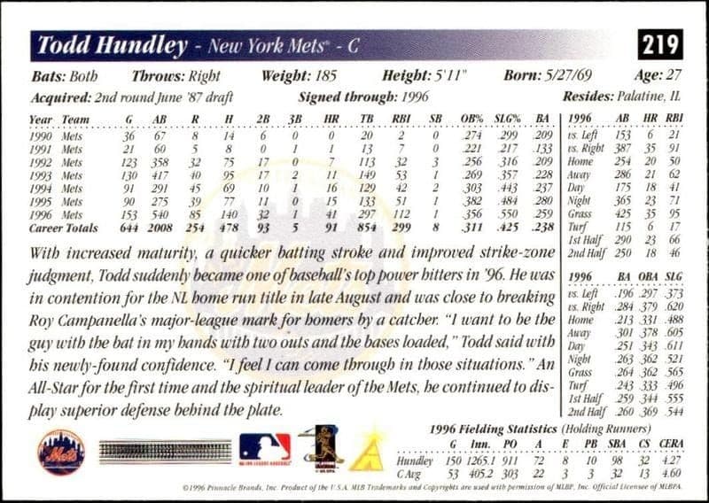 1997 Pinnacle Score Todd Hundley #219 baseball trading card back