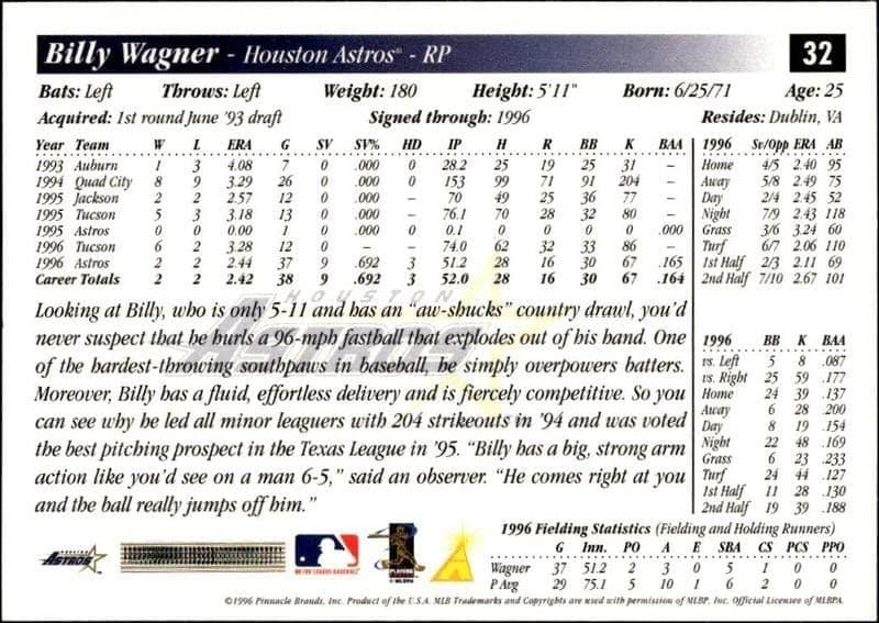 1997 Pinnacle Score Billy Wagner #32 baseball trading card back