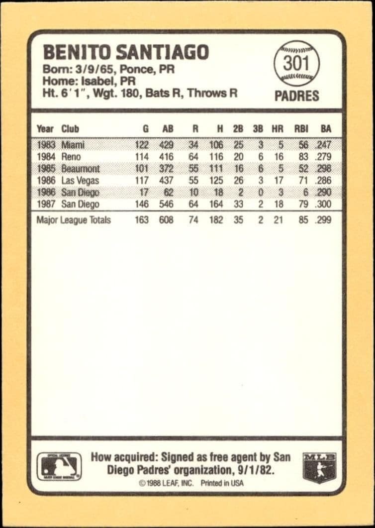 1988 Donruss Baseball's Best Benito Santiago #301 baseball trading card back