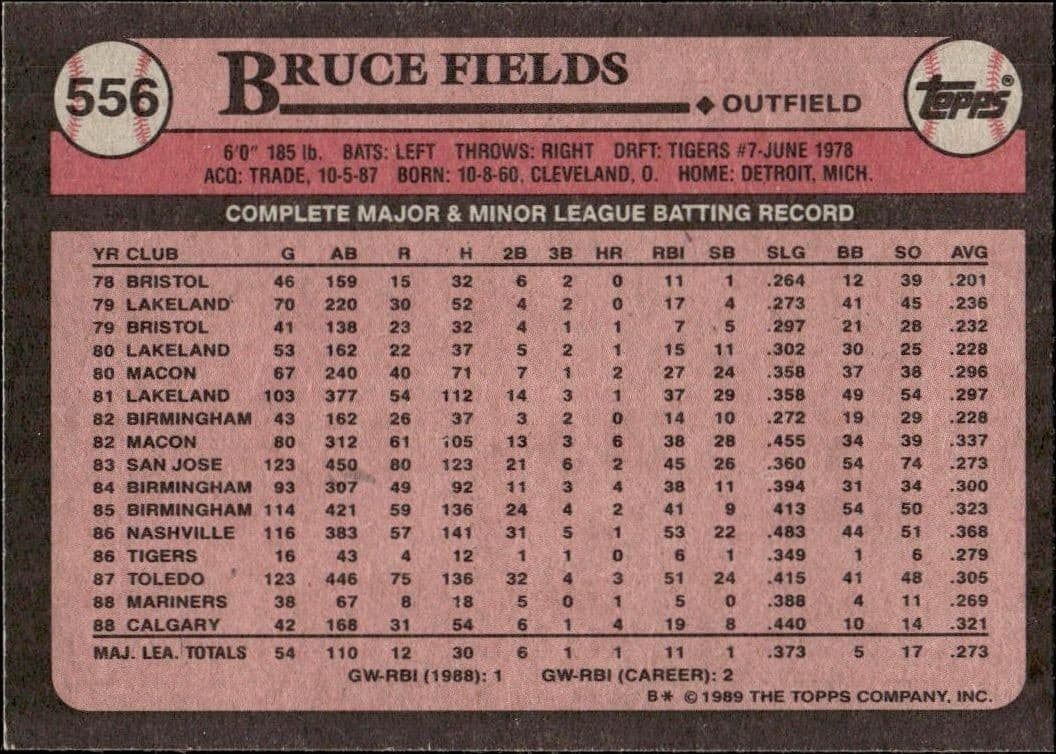 1989 Topps Bruce Fields #556 baseball trading card back