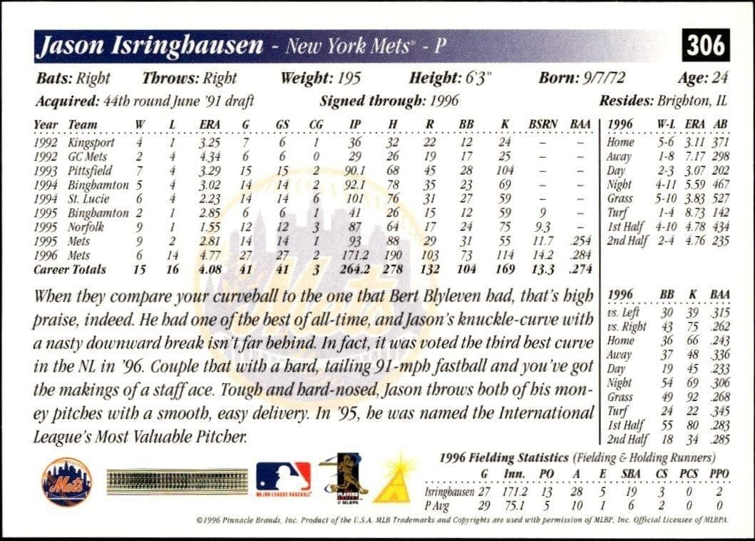 1997 Pinnacle Score Jason Isringhausen #306 baseball trading card back