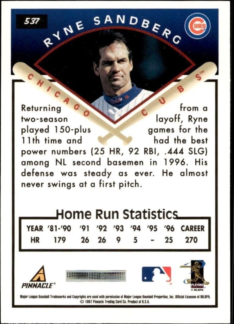 1997 Pinnacle Score Ryne Sandberg #537 baseball trading card back