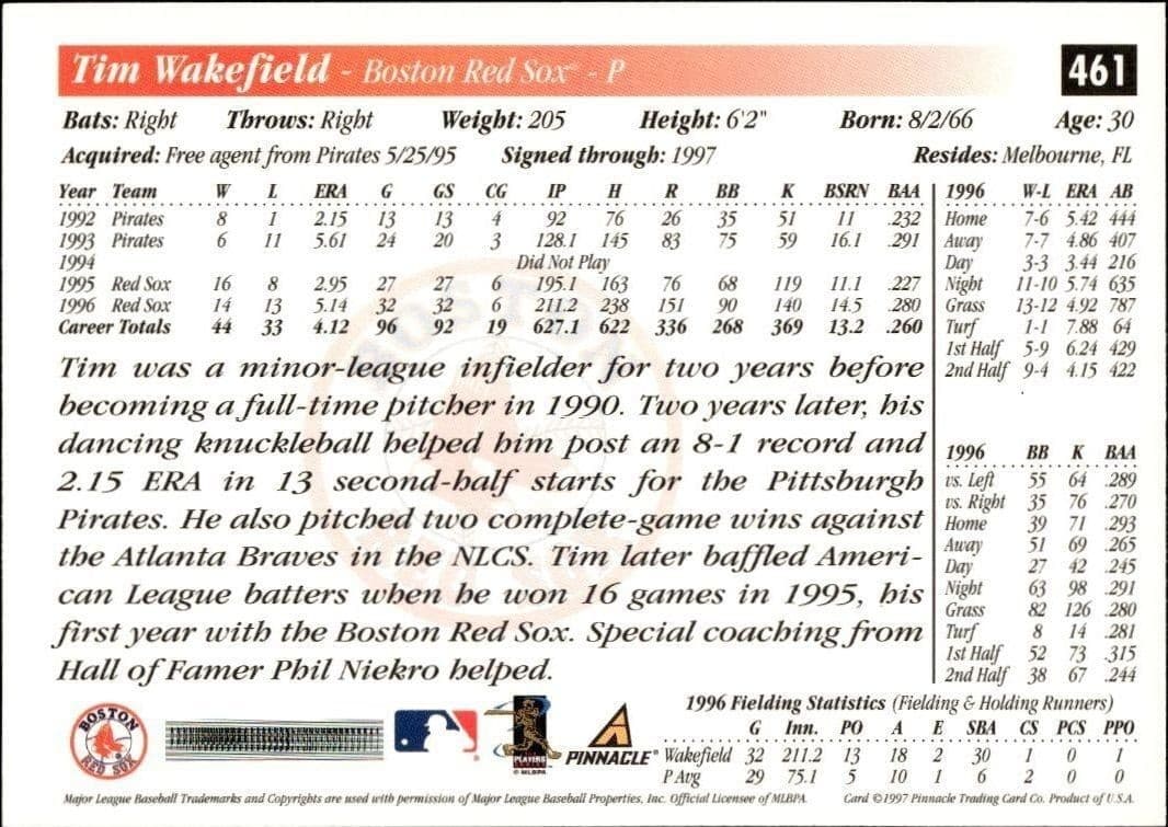 1997 Pinnacle Score Tim Wakefield #461 baseball trading card back