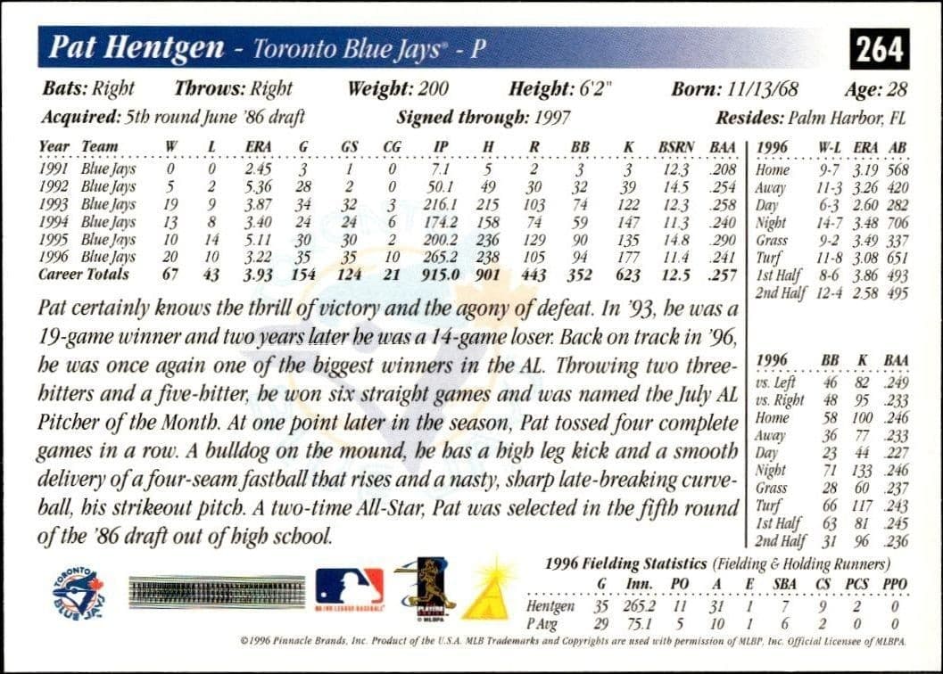 1997 Pinnacle Score Pat Hentgen #264 baseball trading card back